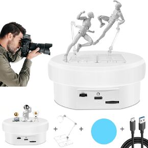 Foleto Electric Rotating Platform, 360° Electric Rotating Display Stand for Watch and Jewelry Photography Display, with 5 Transparent Supports for Doll Mini Display, White