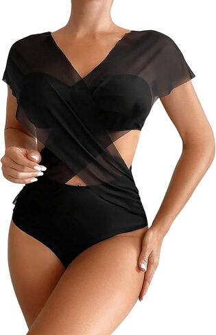WDIRARA Women's Sheer Mesh Crisscross V Neck One Piece Swimsuit Cut Out Tie Back Bathing Suit in Saudi Arabia