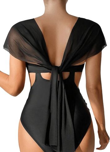 WDIRARA Women's Sheer Mesh Crisscross V Neck One Piece Swimsuit Cut Out Tie Back Bathing Suit in Saudi Arabia