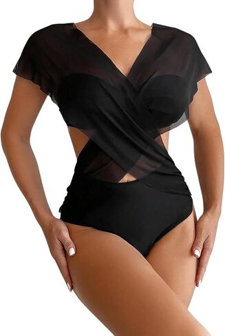 WDIRARA Women's Sheer Mesh Crisscross V Neck One Piece Swimsuit Cut Out Tie Back Bathing Suit in Saudi Arabia