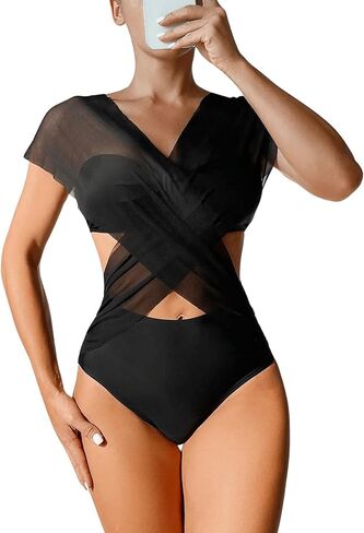 WDIRARA Women's Sheer Mesh Crisscross V Neck One Piece Swimsuit Cut Out Tie Back Bathing Suit in Saudi Arabia