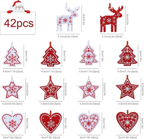 Naler 42 Pieces Christmas Felt Ornament Set - Includes Reindeer, Star, Christmas. Heart - Cute Hanging Ornaments for Christmas Tree Decorations - Red and White in Saudi Arabia