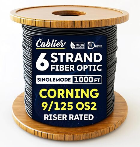 2 Fiber Indoor/Outdoor 1000FT Fiber Optic Cable Spool, Corning OS2 9/125 Singlemode G657.A1 Fiber Type, Riser Rated, Tight Buffered Fibra Optica Distribution Cable Roll, Black Color in Saudi Arabia