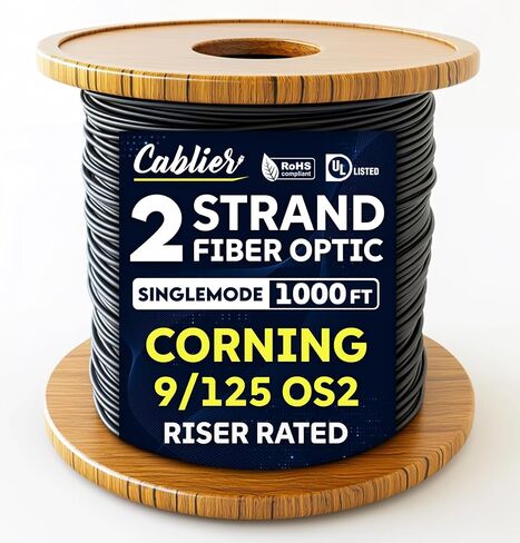 2 Fiber Indoor/Outdoor 1000FT Fiber Optic Cable Spool, Corning OS2 9/125 Singlemode G657.A1 Fiber Type, Riser Rated, Tight Buffered Fibra Optica Distribution Cable Roll, Black Color in Saudi Arabia