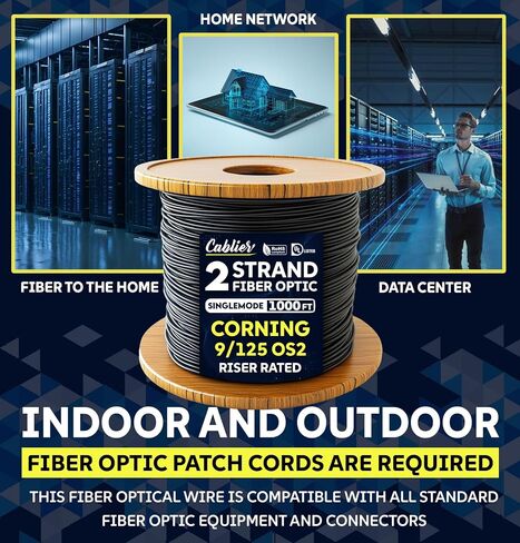 2 Fiber Indoor/Outdoor 1000FT Fiber Optic Cable Spool, Corning OS2 9/125 Singlemode G657.A1 Fiber Type, Riser Rated, Tight Buffered Fibra Optica Distribution Cable Roll, Black Color in Saudi Arabia