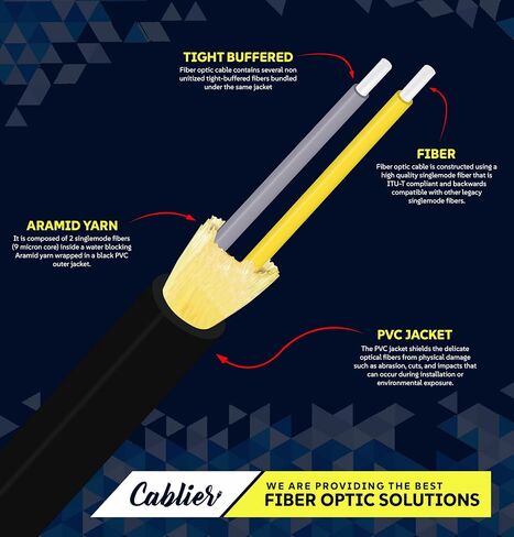 2 Fiber Indoor/Outdoor 1000FT Fiber Optic Cable Spool, Corning OS2 9/125 Singlemode G657.A1 Fiber Type, Riser Rated, Tight Buffered Fibra Optica Distribution Cable Roll, Black Color in Saudi Arabia