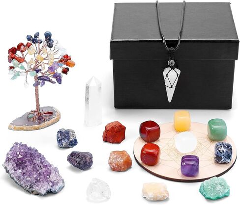 CrystalTears Healing Crystals Set 7 Chakra Crystal Stones with Chakra Necklace and Bracelet, Rock Quartz Crystal Wand, Chakra Crystal Tree,Wooden Crystal Grid Board for Meditation Yoga in Saudi Arabia