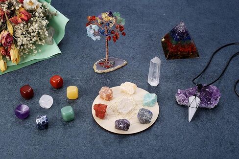 CrystalTears Healing Crystals Set 7 Chakra Crystal Stones with Chakra Necklace and Bracelet, Rock Quartz Crystal Wand, Chakra Crystal Tree,Wooden Crystal Grid Board for Meditation Yoga in Saudi Arabia