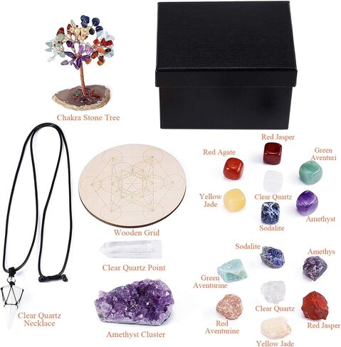 CrystalTears Healing Crystals Set 7 Chakra Crystal Stones with Chakra Necklace and Bracelet, Rock Quartz Crystal Wand, Chakra Crystal Tree,Wooden Crystal Grid Board for Meditation Yoga in Saudi Arabia