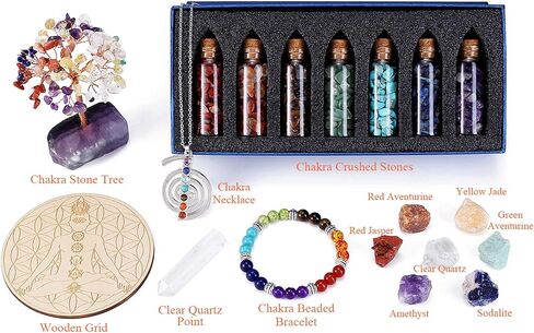 CrystalTears Healing Crystals Set 7 Chakra Crystal Stones with Chakra Necklace and Bracelet, Rock Quartz Crystal Wand, Chakra Crystal Tree,Wooden Crystal Grid Board for Meditation Yoga in Saudi Arabia