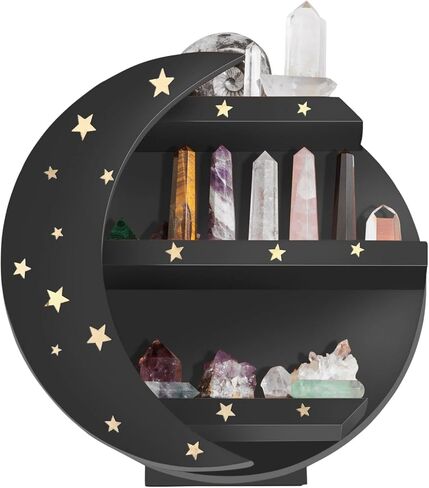 CHAMAMA Black Moon Shelf with Stars, Wiccan Decor, Moon Shaped Shelf for Crystals, Moon Decor, Wooden Moon Shelf, Bathroom Decor, Crystal Shelf (Early American) in Saudi Arabia