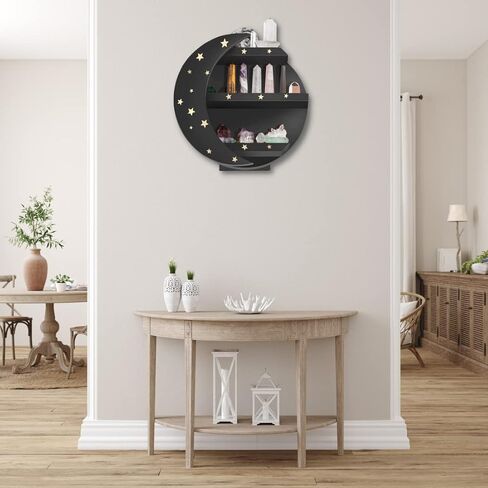 CHAMAMA Black Moon Shelf with Stars, Wiccan Decor, Moon Shaped Shelf for Crystals, Moon Decor, Wooden Moon Shelf, Bathroom Decor, Crystal Shelf (Early American) in Saudi Arabia