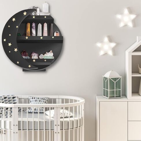 CHAMAMA Black Moon Shelf with Stars, Wiccan Decor, Moon Shaped Shelf for Crystals, Moon Decor, Wooden Moon Shelf, Bathroom Decor, Crystal Shelf (Early American) in Saudi Arabia