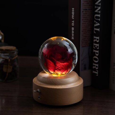 Preserved Flower Crystal Ball Music Box,3.1 Inch Crystal Ball with and Wooden Base, for Birthdays, Parties,Valentines Day,Christmas,Thanksgiving,Mothers Day (Rose) in Saudi Arabia