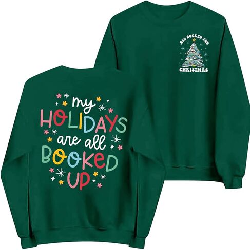 LUKYCILD Christmas Sweatshirt Women Book Xmas Tree Shirt All Booked For Christmas Pullover Book Lover Long Sleeve Shirt in Saudi Arabia