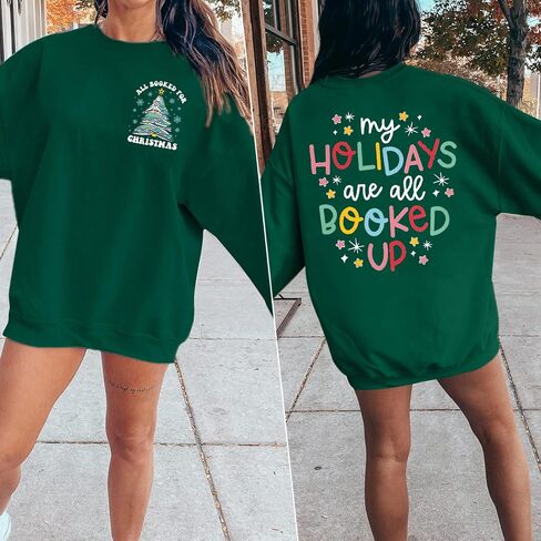 LUKYCILD Christmas Sweatshirt Women Book Xmas Tree Shirt All Booked For Christmas Pullover Book Lover Long Sleeve Shirt in Saudi Arabia