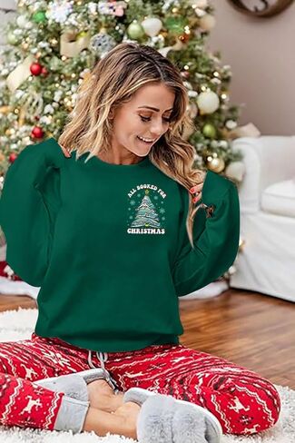 LUKYCILD Christmas Sweatshirt Women Book Xmas Tree Shirt All Booked For Christmas Pullover Book Lover Long Sleeve Shirt in Saudi Arabia