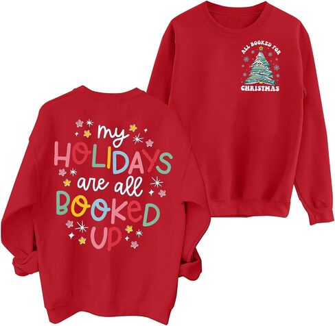 LUKYCILD Christmas Sweatshirt Women Book Xmas Tree Shirt All Booked For Christmas Pullover Book Lover Long Sleeve Shirt in Saudi Arabia