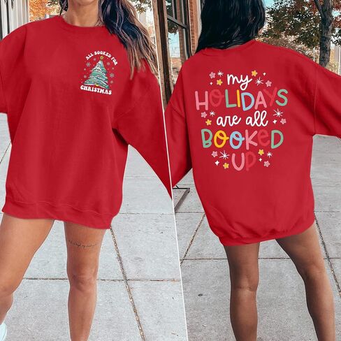 LUKYCILD Christmas Sweatshirt Women Book Xmas Tree Shirt All Booked For Christmas Pullover Book Lover Long Sleeve Shirt in Saudi Arabia