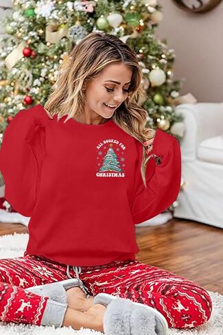 LUKYCILD Christmas Sweatshirt Women Book Xmas Tree Shirt All Booked For Christmas Pullover Book Lover Long Sleeve Shirt in Saudi Arabia