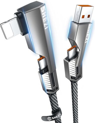 4-in-1 [Upgraded] USB C Cable 27W 3FT, 90 Degree Fast Charging Nylon Braided for iPhone iPad Charger Cord Right Angle [480Mbps Data Sync] Multi Charging Cable Combo with L/USB C/USB A Ports in Kuwait