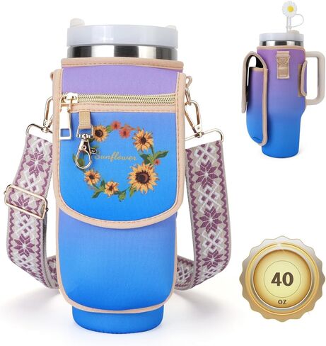 حقيبة حامل زجاجات المياه مع جيب للهاتف من أجل ستانلي 40 أونصة، حقيبة حامل الأكواب مع حزام كتف قابل للتعديل وإكسسوارات الأكواب للمشي لمسافات طويلة والتخييم والصيد والسفر (بينك-مشمش) in Kuwait