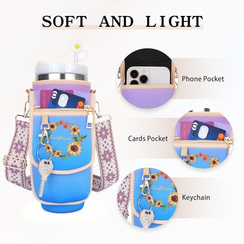 حقيبة حامل زجاجات المياه مع جيب للهاتف من أجل ستانلي 40 أونصة، حقيبة حامل الأكواب مع حزام كتف قابل للتعديل وإكسسوارات الأكواب للمشي لمسافات طويلة والتخييم والصيد والسفر (بينك-مشمش) in Kuwait