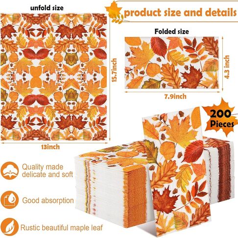 200 Packs Thanksgiving Fall Napkins Paper for Bathroom Disposable Guest Hand Towels Decorative Fall Maple Leaves Paper Towel Autumn Harvest Dinner Kitchen Holiday Party Decor(Vivid Style) in Saudi Arabia