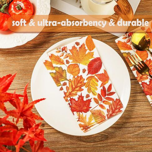200 Packs Thanksgiving Fall Napkins Paper for Bathroom Disposable Guest Hand Towels Decorative Fall Maple Leaves Paper Towel Autumn Harvest Dinner Kitchen Holiday Party Decor(Vivid Style) in Saudi Arabia
