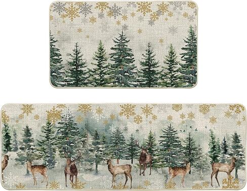 Artoid Mode Xmas Trees Deer Snowflakes Christmas Kitchen Mats Set of 2, Winter Home Decor Low-Profile Kitchen Rugs for Floor - 17x29 and 17x47 Inch in Saudi Arabia