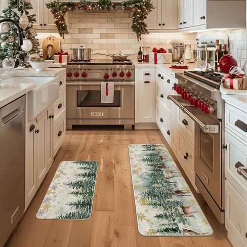 Artoid Mode Xmas Trees Deer Snowflakes Christmas Kitchen Mats Set of 2, Winter Home Decor Low-Profile Kitchen Rugs for Floor - 17x29 and 17x47 Inch in Saudi Arabia