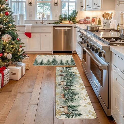 Artoid Mode Xmas Trees Deer Snowflakes Christmas Kitchen Mats Set of 2, Winter Home Decor Low-Profile Kitchen Rugs for Floor - 17x29 and 17x47 Inch in Saudi Arabia
