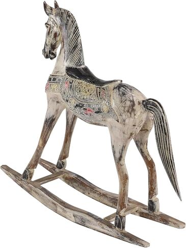 Deco 79 Wood Horse Decorative Sculpture Rocking Home Decor Statue with Brown Distressing and Colorful Accents, Accent Figurine 40" x 10" x 39", Beige in Saudi Arabia