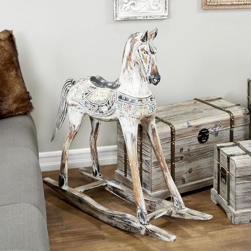Deco 79 Wood Horse Decorative Sculpture Rocking Home Decor Statue with Brown Distressing and Colorful Accents, Accent Figurine 40" x 10" x 39", Beige in Saudi Arabia