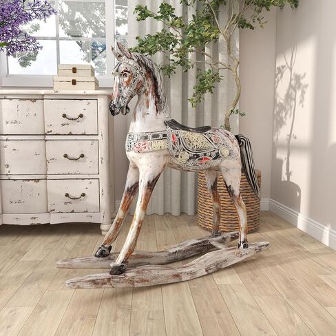 Deco 79 Wood Horse Decorative Sculpture Rocking Home Decor Statue with Brown Distressing and Colorful Accents, Accent Figurine 40" x 10" x 39", Beige in Saudi Arabia