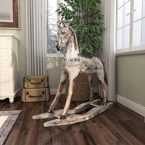 Deco 79 Wood Horse Decorative Sculpture Rocking Home Decor Statue with Brown Distressing and Colorful Accents, Accent Figurine 40" x 10" x 39", Beige in Saudi Arabia