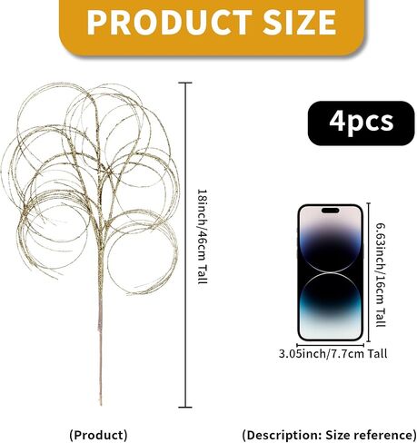 4PCS Glitter Christmas Picks Curly Sprays 20" Artificial Wispy Willow Ting Branches Glittery Twigs Stems Ornaments for Xmas Tree Topper Filler Home Garden Vase DIY Garland Wreath Decor (4, White) in Saudi Arabia