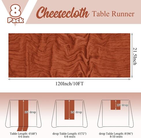 8 Pack Terracotta Table Runner 10Ft Cheesecloth Table Runner Rustic Gauze Table Runner Romantic Long Sheer Fabric Cheese Cloth Table Runner for Wedding Party Bridal Baby Shower Banquet in Saudi Arabia