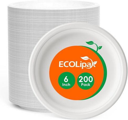 ECOLipak 6 Inch Compostable Small Paper Plates, 200 Pack Recycled Sugarcane Bagasse Mini Dessert Plates Disposable, Biodegradable Heavy Duty Cute Dinner Appetizer Cake Halloween Plates for Party in Kuwait