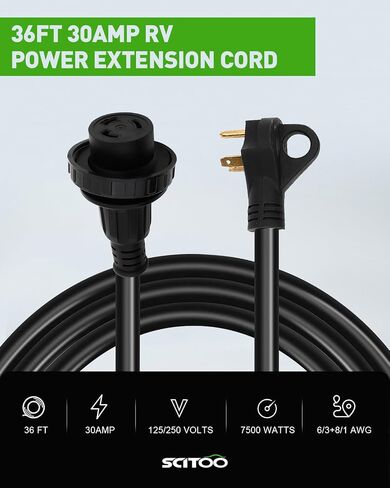 SCITOO RV Extension Cord 30Amp 36FT, Heavy Duty 10AWG/3C with Grip Handle Twist Lock Cord Organizer NEMA TT-30P Male Plug and NEMA L5-30R Female Receptacle for RV Trailer Campers Caravan, ETL Listed in Saudi Arabia
