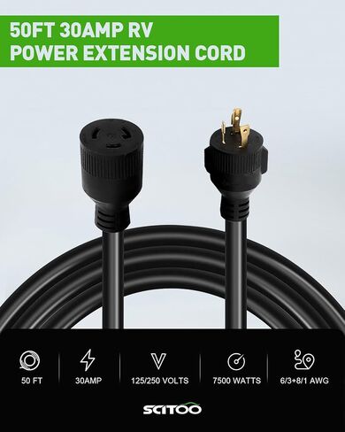 SCITOO RV Extension Cord 30Amp 36FT, Heavy Duty 10AWG/3C with Grip Handle Twist Lock Cord Organizer NEMA TT-30P Male Plug and NEMA L5-30R Female Receptacle for RV Trailer Campers Caravan, ETL Listed in Saudi Arabia