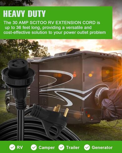 SCITOO RV Extension Cord 30Amp 36FT, Heavy Duty 10AWG/3C with Grip Handle Twist Lock Cord Organizer NEMA TT-30P Male Plug and NEMA L5-30R Female Receptacle for RV Trailer Campers Caravan, ETL Listed in Saudi Arabia