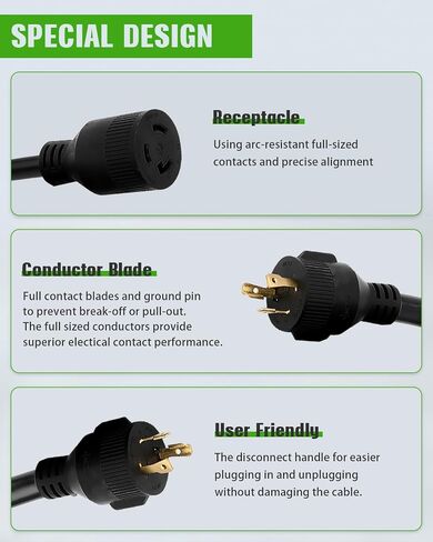 SCITOO RV Extension Cord 30Amp 36FT, Heavy Duty 10AWG/3C with Grip Handle Twist Lock Cord Organizer NEMA TT-30P Male Plug and NEMA L5-30R Female Receptacle for RV Trailer Campers Caravan, ETL Listed in Saudi Arabia