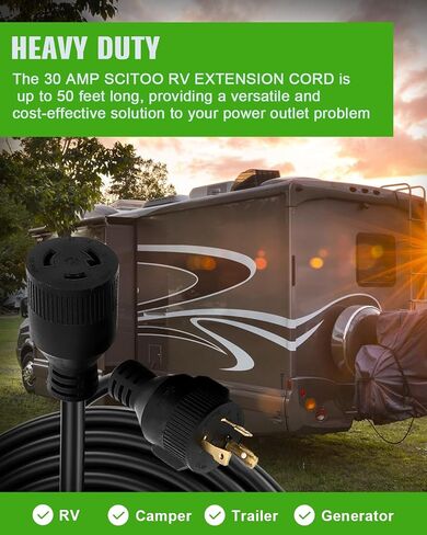 SCITOO RV Extension Cord 30Amp 36FT, Heavy Duty 10AWG/3C with Grip Handle Twist Lock Cord Organizer NEMA TT-30P Male Plug and NEMA L5-30R Female Receptacle for RV Trailer Campers Caravan, ETL Listed in Saudi Arabia