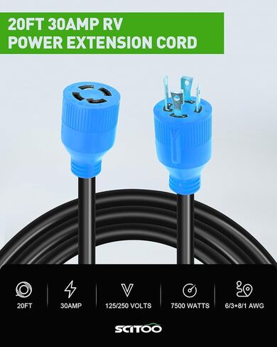 SCITOO RV Extension Cord 30Amp 36FT, Heavy Duty 10AWG/3C with Grip Handle Twist Lock Cord Organizer NEMA TT-30P Male Plug and NEMA L5-30R Female Receptacle for RV Trailer Campers Caravan, ETL Listed in Saudi Arabia