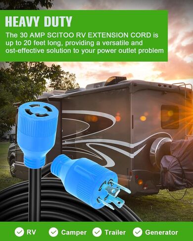SCITOO RV Extension Cord 30Amp 36FT, Heavy Duty 10AWG/3C with Grip Handle Twist Lock Cord Organizer NEMA TT-30P Male Plug and NEMA L5-30R Female Receptacle for RV Trailer Campers Caravan, ETL Listed in Saudi Arabia