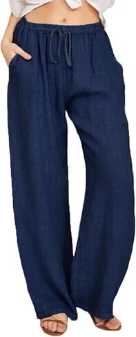 SHEKINI Womens Cotton Linen Pants Elastic High Waist Drawstring Lightweight Trousers Wide Leg Loose Casual Palazzo Yoga Pants in Kuwait