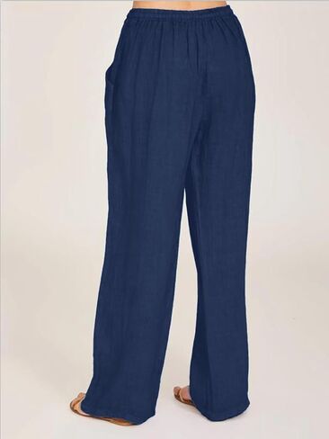 SHEKINI Womens Cotton Linen Pants Elastic High Waist Drawstring Lightweight Trousers Wide Leg Loose Casual Palazzo Yoga Pants in Kuwait