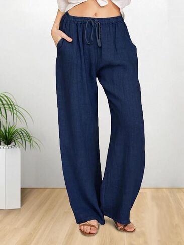 SHEKINI Womens Cotton Linen Pants Elastic High Waist Drawstring Lightweight Trousers Wide Leg Loose Casual Palazzo Yoga Pants in Kuwait