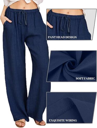 SHEKINI Womens Cotton Linen Pants Elastic High Waist Drawstring Lightweight Trousers Wide Leg Loose Casual Palazzo Yoga Pants in Kuwait